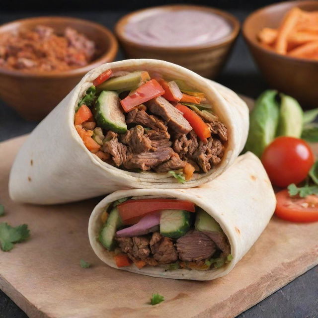 A delicious and well-prepared shawarma wrapped in pita bread, with visible layers of succulent marinated meat, freshly cut vegetables, and flavorful sauces.