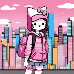 Create an image of a cool city girl with a Hello Kitty theme