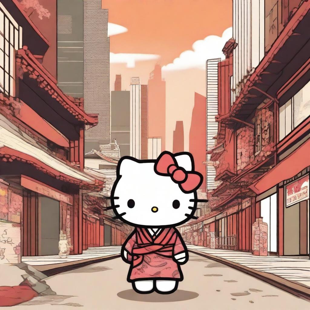 Create an image of Hello Kitty in a cool city setting, wearing traditional East Asian robes with an earthy color scheme