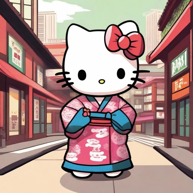 Create an image of Hello Kitty in a cool city setting, wearing traditional East Asian robes with an earthy color scheme