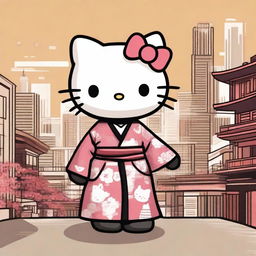 Create an image of Hello Kitty in a cool city setting, wearing traditional East Asian robes with an earthy color scheme