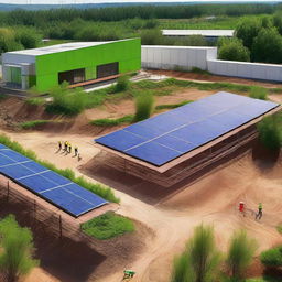 A modern sustainable construction site featuring eco-friendly materials, green energy sources like solar panels, and workers in safety gear