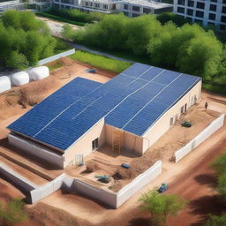 A modern sustainable construction site featuring eco-friendly materials, green energy sources like solar panels, and workers in safety gear