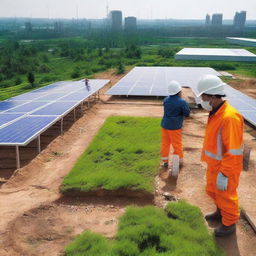 A modern sustainable construction site featuring eco-friendly materials, green energy sources like solar panels, and workers in safety gear