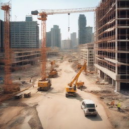 A bustling construction site with cranes, workers in safety gear, and various construction equipment