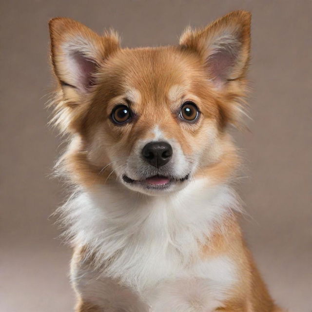 A realistically portrayed, playful, and adorable dog with a glossy fur and bright, lively eyes.