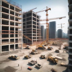 A bustling construction site with cranes, workers in safety gear, and various construction equipment