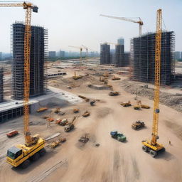 A bustling construction site with cranes, workers in safety gear, and various construction equipment