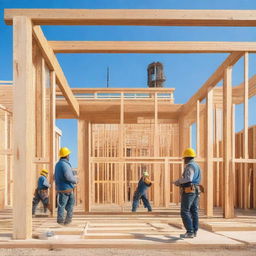 A residential construction site with workers building a modern house