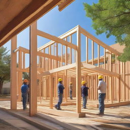 A residential construction site with workers building a modern house