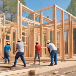 A residential construction site with workers building a modern house