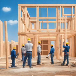 A residential construction site with workers building a modern house