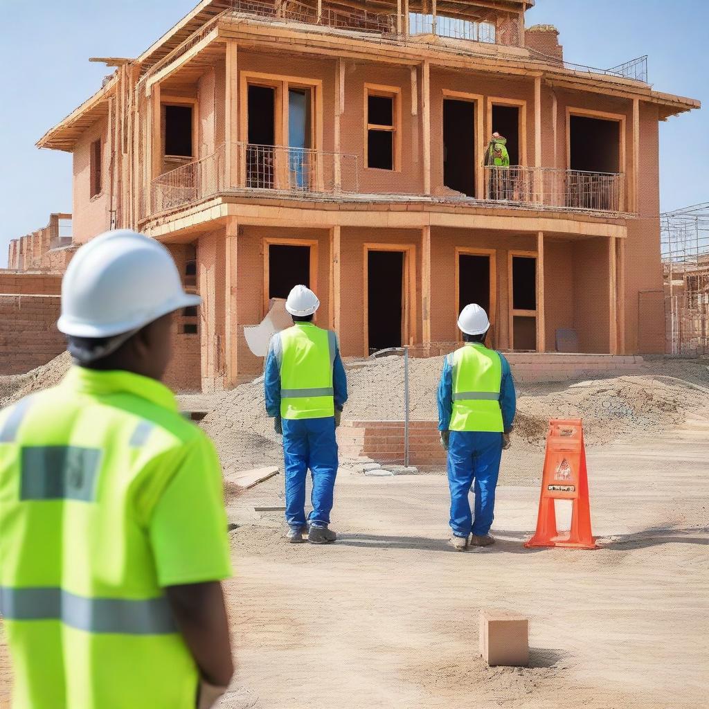 A house construction site emphasizing health and safety measures