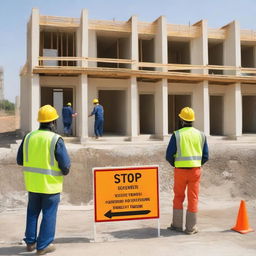 A house construction site emphasizing health and safety measures