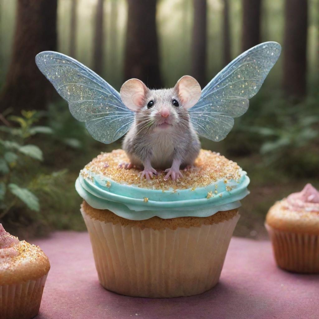 Imagine a scene of a small mouse in a vibrant, magical forest, looking up in wonder and delight as a cupcake with shimmering wings flutters above, casting a sprinkle of magical dust.