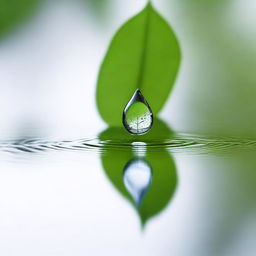 A close-up image of a single water drop falling from a leaf