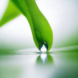 A close-up image of a single water drop falling from a leaf