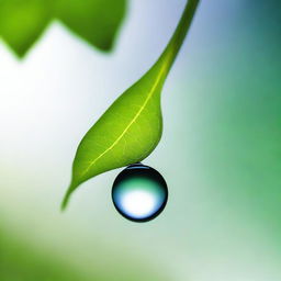 A close-up image of a single water drop falling from a leaf