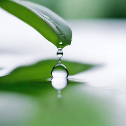 A close-up image of a single water drop falling from a leaf