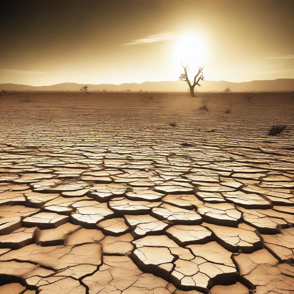 A dry and cracked landscape depicting a severe drought