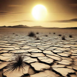 A dry and cracked landscape depicting a severe drought