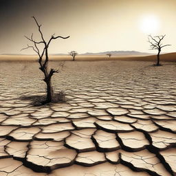 A dry and cracked landscape depicting a severe drought