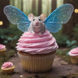 Imagine a scene of a small mouse in a vibrant, magical forest, looking up in wonder and delight as a cupcake with shimmering wings flutters above, casting a sprinkle of magical dust.