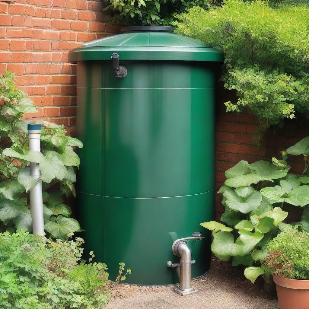 A close-up view of a water butt in a typical UK garden