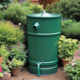 A close-up view of a water butt in a typical UK garden