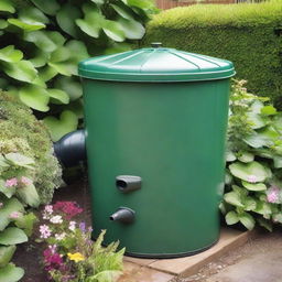 A close-up view of a water butt in a typical UK garden