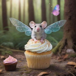 Imagine a scene of a small mouse in a vibrant, magical forest, looking up in wonder and delight as a cupcake with shimmering wings flutters above, casting a sprinkle of magical dust.