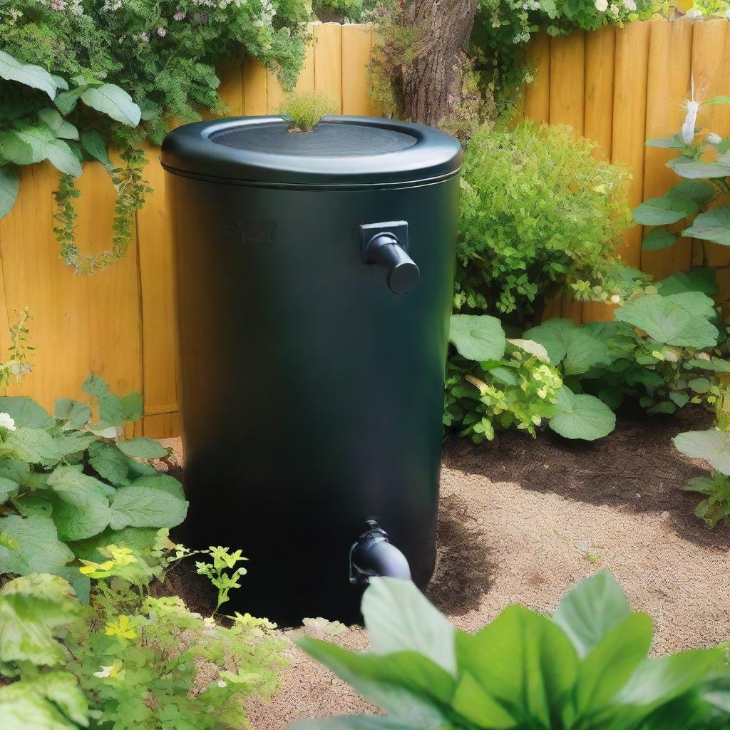 A close-up view of a black water butt in a typical UK garden