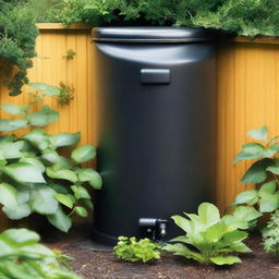 A close-up view of a black water butt in a typical UK garden