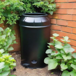 A close-up view of a black water butt in a typical UK garden