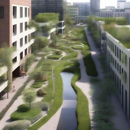 An urban area featuring a sustainable drainage system with permeable pavements, green roofs, and rain gardens