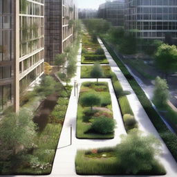 An urban area featuring a sustainable drainage system with permeable pavements, green roofs, and rain gardens