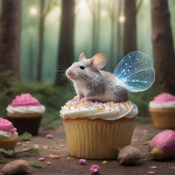 Imagine a scene of a small mouse in a vibrant, magical forest, looking up in wonder and delight as a cupcake with shimmering wings flutters above, casting a sprinkle of magical dust.