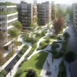 An urban area featuring a sustainable drainage system with permeable pavements, green roofs, and rain gardens