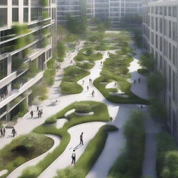 An urban area featuring a sustainable drainage system with permeable pavements, green roofs, and rain gardens