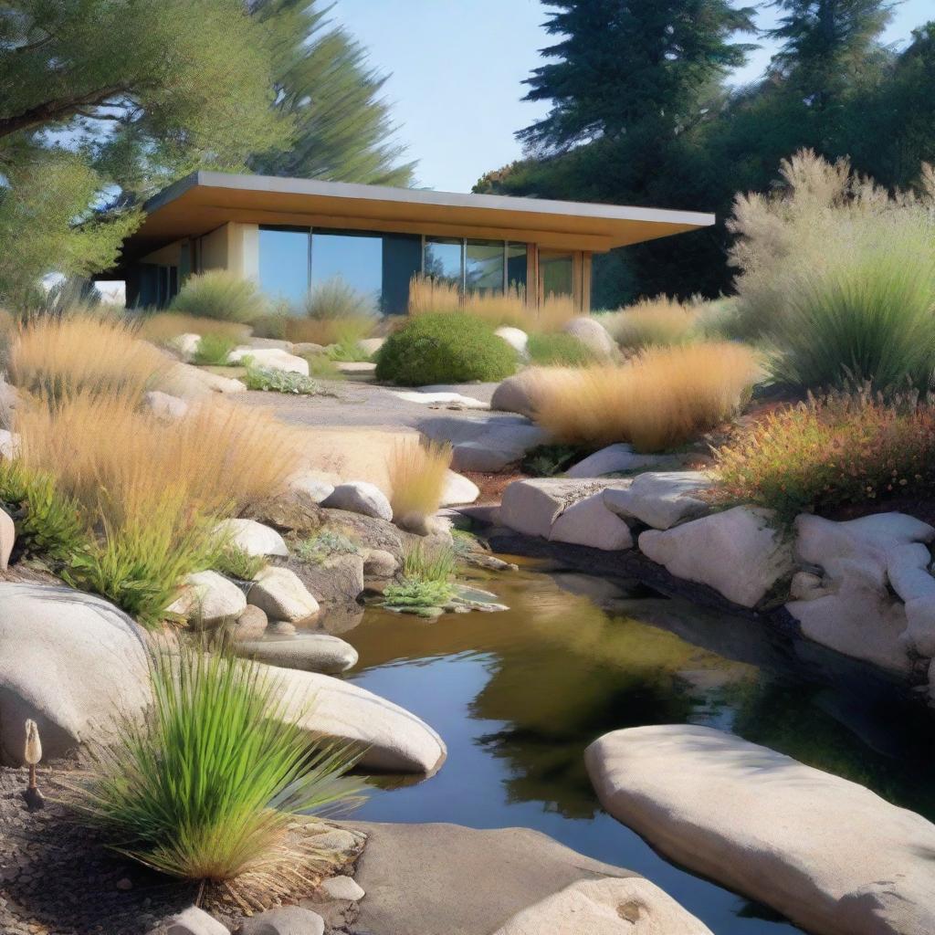 A landscape design featuring a swale for water management