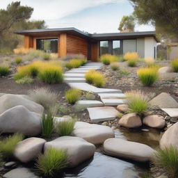 A landscape design featuring a swale for water management