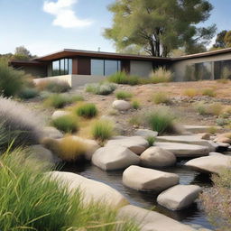 A landscape design featuring a swale for water management