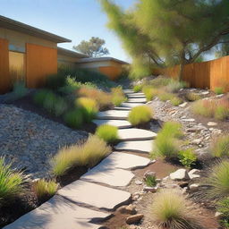 A landscape design featuring a swale for water management