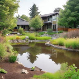 A residential area featuring a drainage pond used for stormwater management