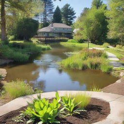 A residential area featuring a drainage pond used for stormwater management