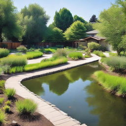 A residential area featuring a drainage pond used for stormwater management