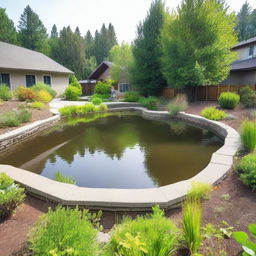 A residential area featuring a drainage pond used for stormwater management