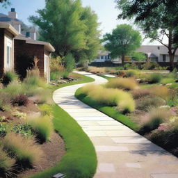 A residential area featuring a drainage swale designed for stormwater management