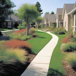 A residential area featuring a drainage swale designed for stormwater management