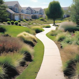 A residential area featuring a drainage swale designed for stormwater management